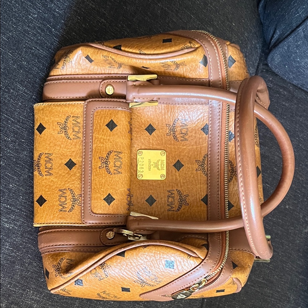 MCM Monogram Visetos Leather Tote in Cognac Brown with Gold Hardware